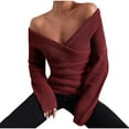 thumbnail image 2 of BSDJILFG Fall Sweaters for Women Trendy 2025 Off the Shoulder Tunic Tops Twist Front Solid Color Long Sleeve V-Neck Blouse,S-XL, 2 of 5