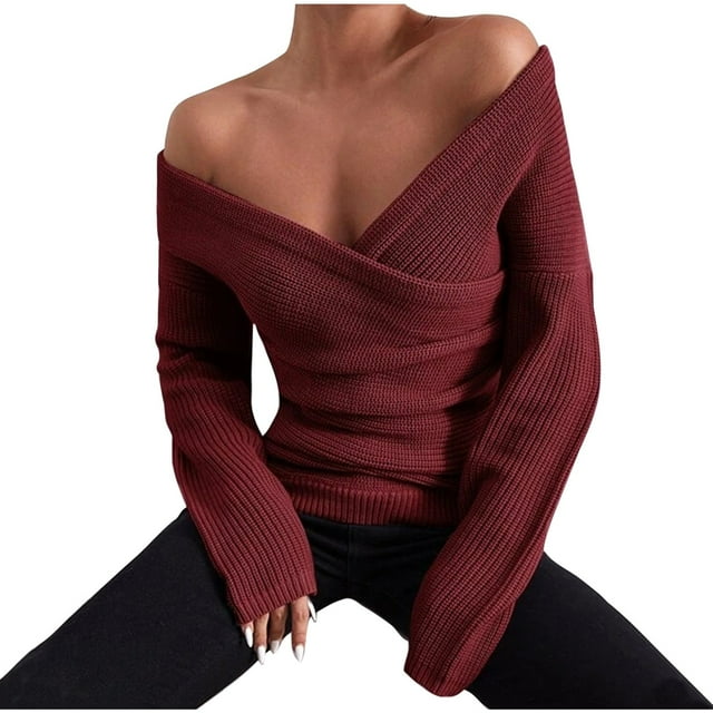 Long Sleeve Sweaters for Women Womens Tops Long Sleeve Womens Fashion Solid Color Long Sleeve V-Neck Off-The-Shoulder Fallow Sweater Womens Long Sleeve Tops Long Sleeve Womens Tops