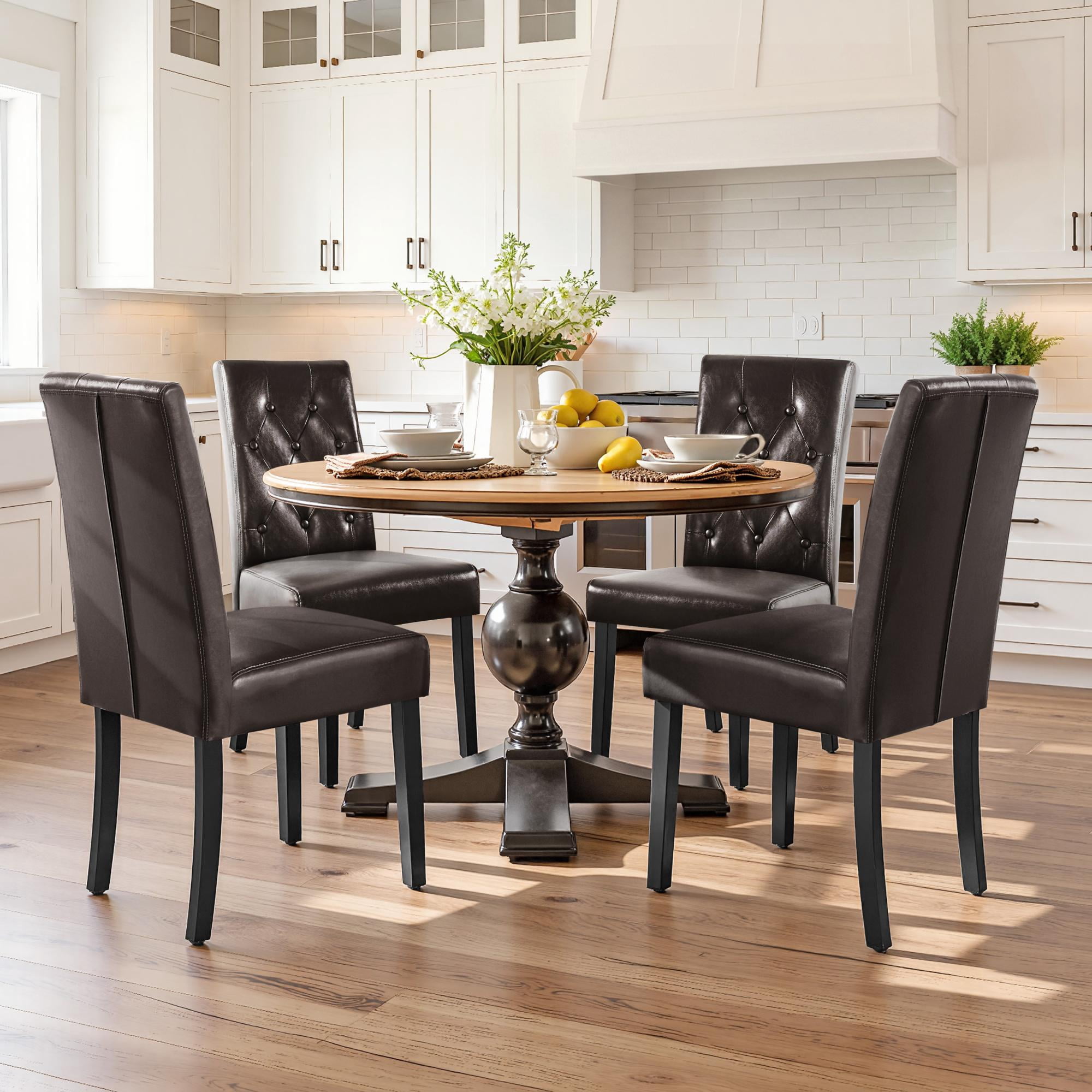 Alden Design Tufted Faux Leather Dining Chairs with Wood Legs for Kitchen, Set of 6, Brown