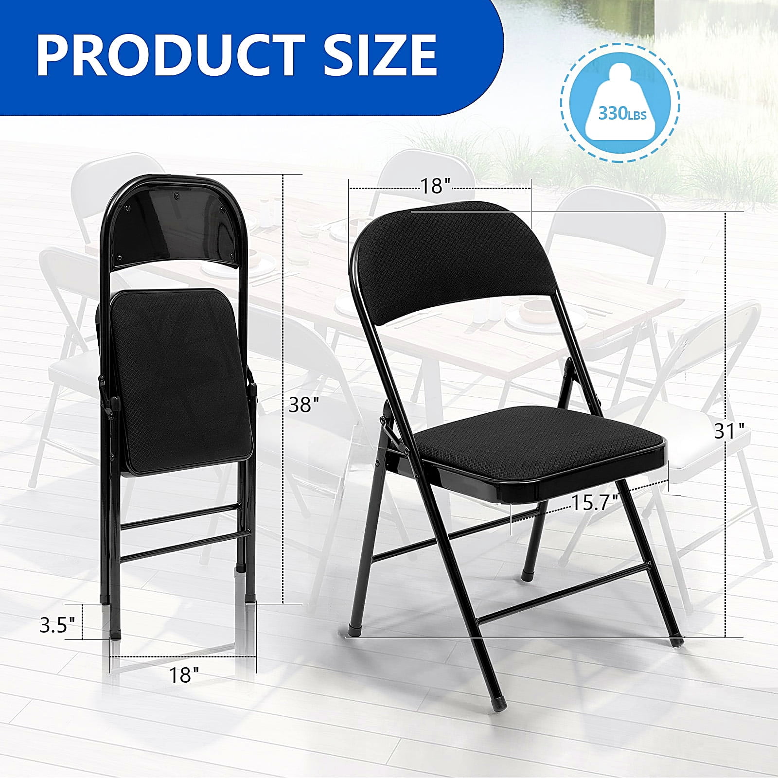 Fenbeli Folding Chairs Set of 4, Black Fabric Padded Metal Frame with Ergonomic Backrest, 330 lb Foldable Space-Saving Seating for Home and Office