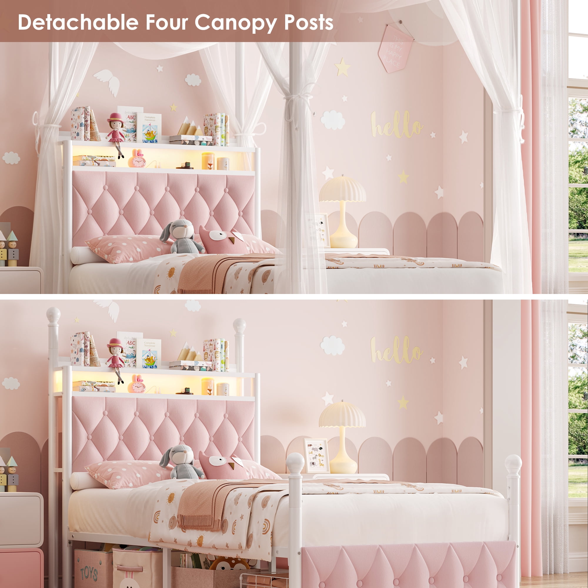 Hiphuta Twin Size Upholstered Canopy Bed with Charging Station & Storage Drawer, LED Beds with 4 Removable Posts, Twin Bed Frame, Pink
