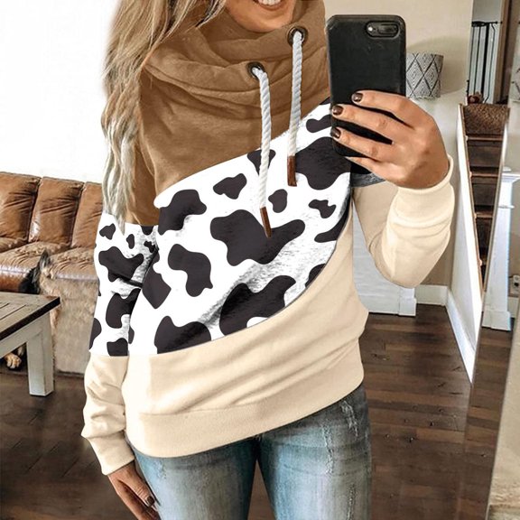 Lilgiuy Women Cow Printed Pullover Hoodies Long Sleeve Drawstring Hooded Tops Sweatshirt