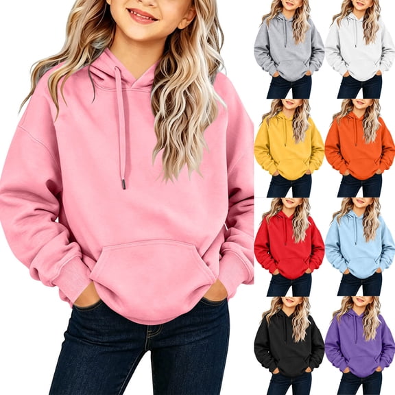 BXJX Girls Cotton Hoodies Size 10-12 T, School Drawstring Long Sleeve Pullover Sweatshirts with Pockets Pink