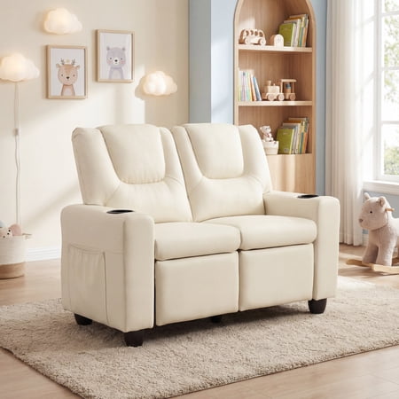 ELLEGNT 2-Seater Kids Recliner - Adjustable Back, Cup Holders & Side Pockets Beige