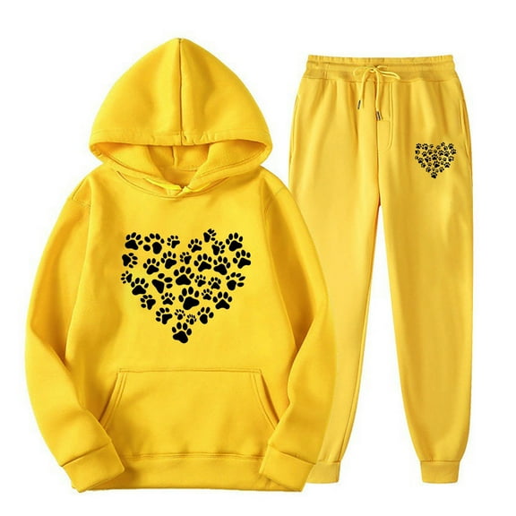 2 Piece Sweatshirt and Sweatpant Sets Women Hoodie Sweatsuits Love Heart Printed Valentines Day Joggers Fall Outfits (XL, Yellow 02)