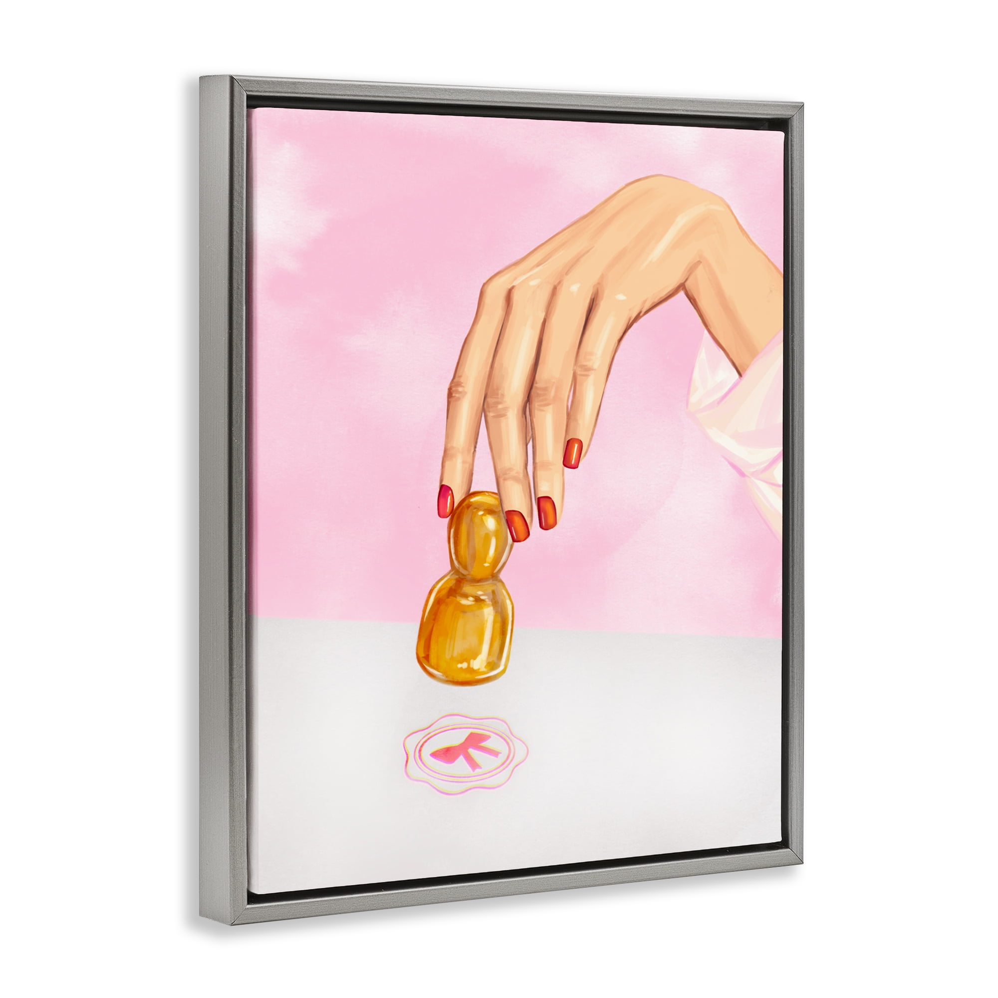 Pink Bow Fashion Stamper Gray Framed Floater Canvas Wall Art, design by Ziwei Li