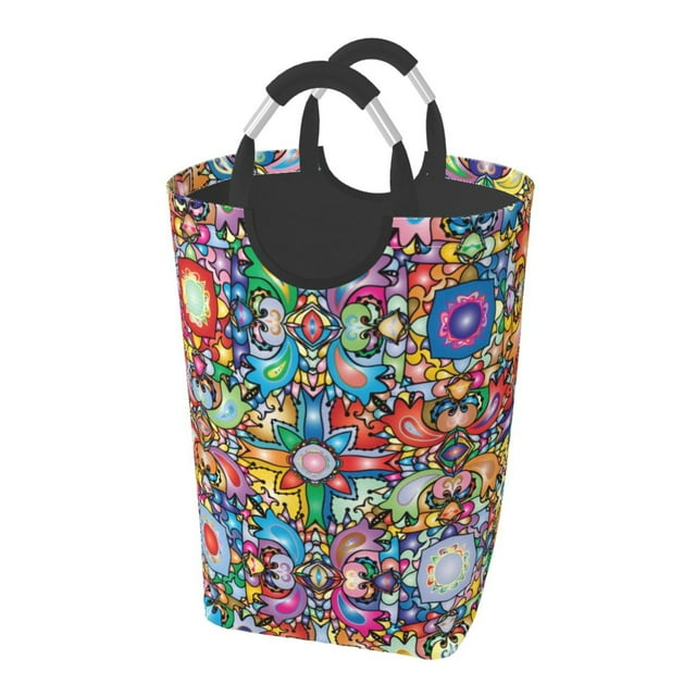 DouZhe 50L Rectangular Laundry Basket, Colorful Fractal Mandala Prints Waterproof Foldable Laundry Hamper with Aluminum Handles
