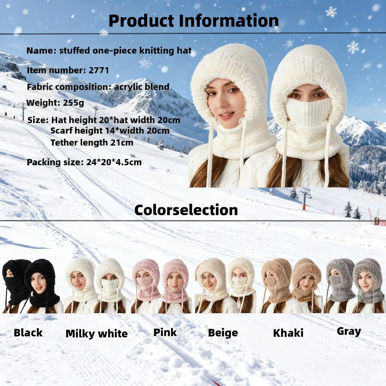 3 in 1 Beanie Hat with Scarf and Mask, 3 in 1 Beanie Hat for Women, Knitted Ski Scarf and Mask Set, Balaclava Hats