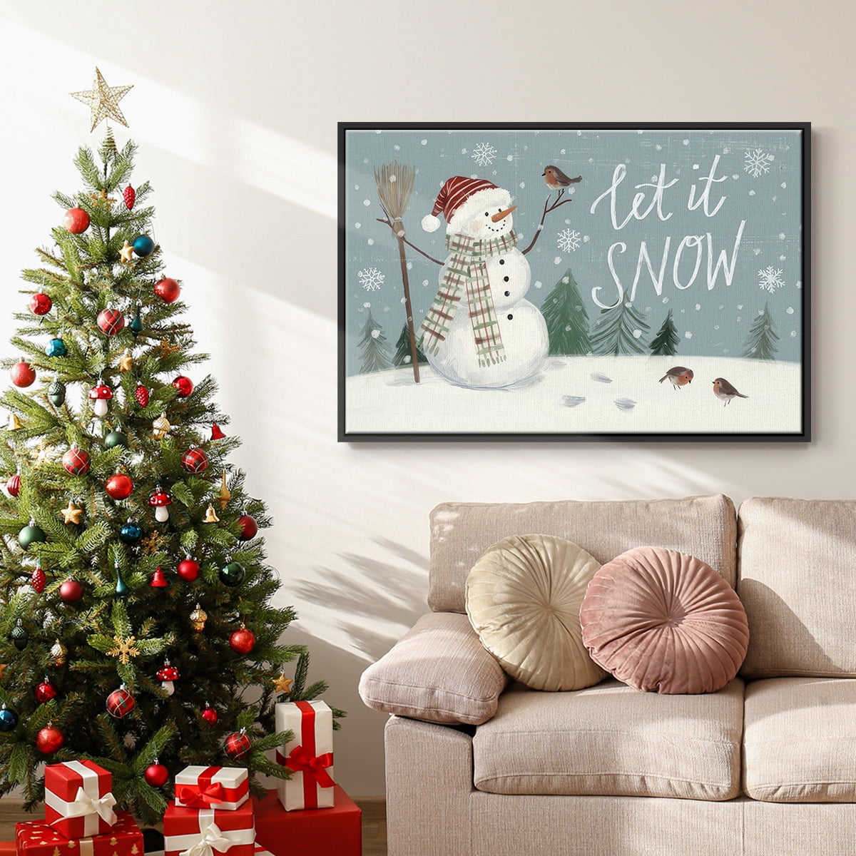 Jolly Snowman Collection A - Framed Gallery Wrapped Holiday Canvas - 25 x 37 - Black Frame