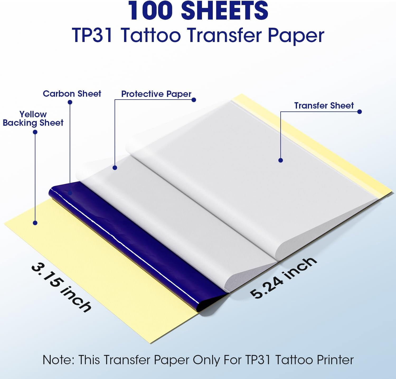 Phomemo TP31 Tattoo Transfer Paper - 100 PCS Only For TP31 Tattoo Machines Printer, 3.15" x 5.24" Transfer Paper, 100PcsThermal Stencil Paper for Tattoo Transfer Kit Supplies