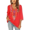 thumbnail image 4 of Higustar Womens Tops Summer Embroidered Blouses Dressy Casual Ladies Plus Size V Neck 3/4 Sleeve Peasant Mexican Tops - Cotton Rayon-328/H-Red-L, 4 of 8