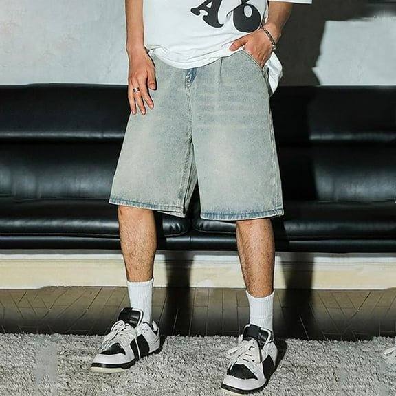 ZHOGXU Men's Shorts Denim Shorts With Pockets Distressed Wide Leg Straight Fit Comfortable Stylish Knee Length Shorts For Casual Daily Wear,Beige,L