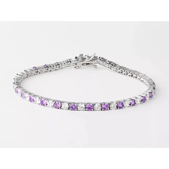 3MM 8.00 Ct Round Cut Simulated Amethyst & Diamond Womens Engagement Tennis Bracelet 14K White Gold Plated 925 Sterling Silver 7"