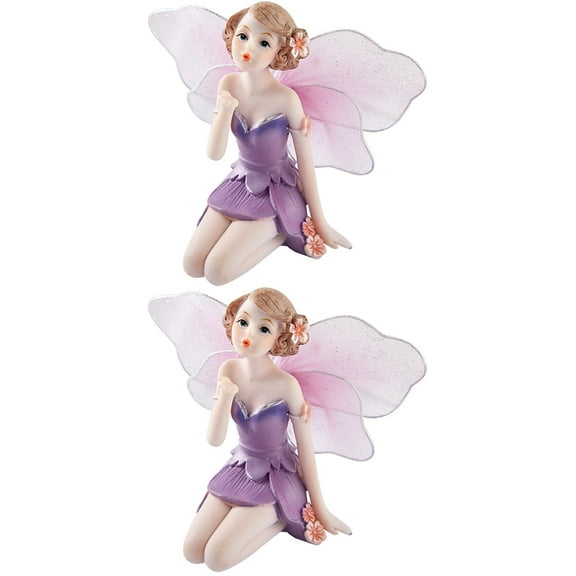 2 PCS Flower Fairy Ornament Statue Home Decor Model Child Purple Resin