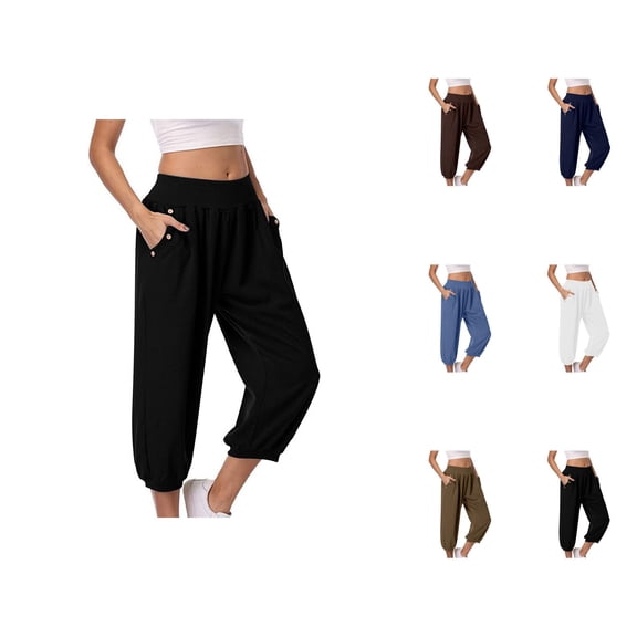 Capri Pants for Women Summer Casual Elastic Waist Straight Leg Relaxed Fit Cropped Jogger Pants with Pockets