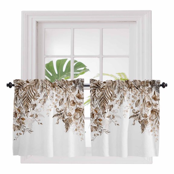 Grey Leaves 2 Panel Kitchen Curtains for Small Windows, Summer Botanical Tropical Watercolor Bathroom Tier Curtain, Short Window Treatment for Bedroom/Living Room 55"x36"