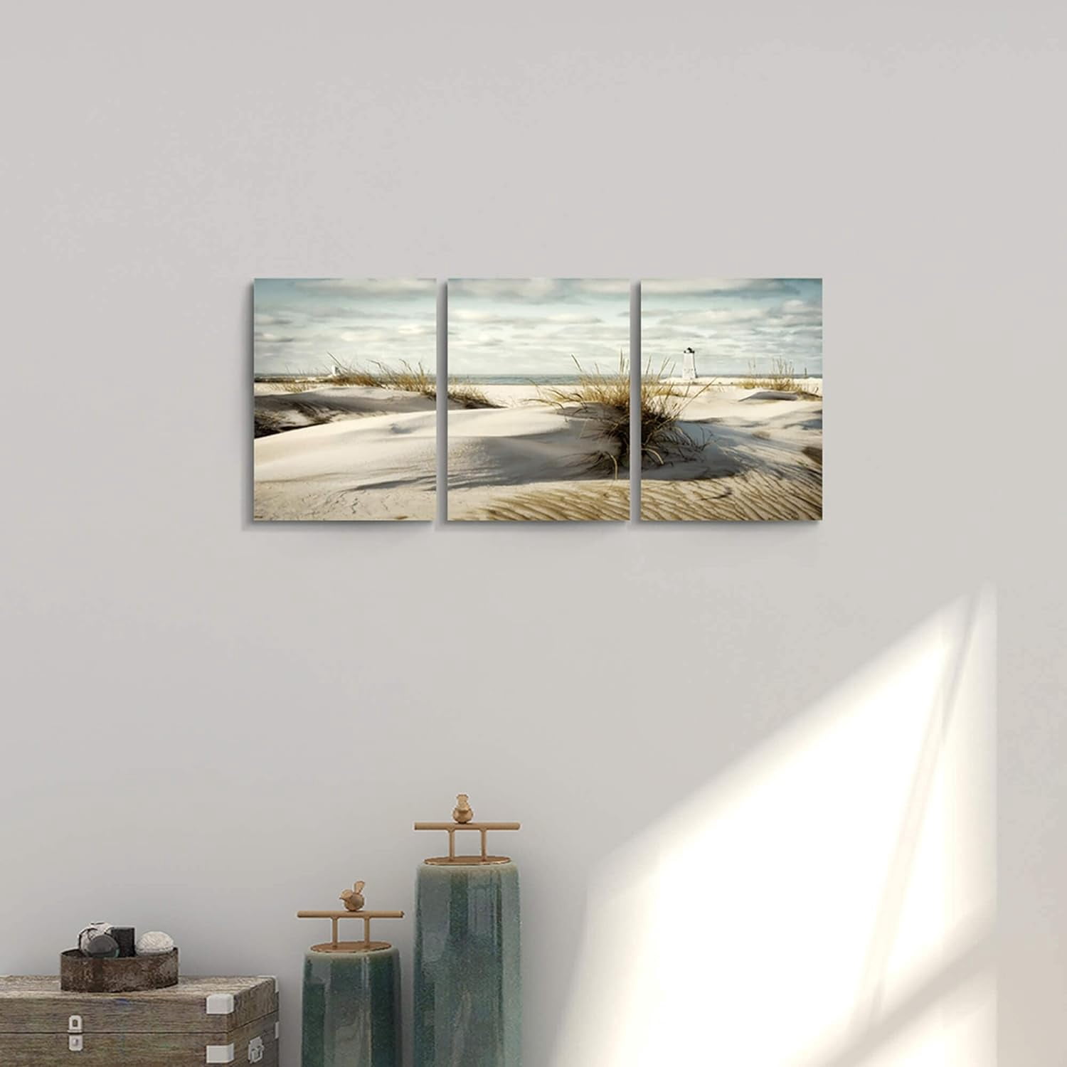 Beach Canvas Wall Art: 3 Panel Coastal Seaside Dune Picture Seascape Seagrass Artwork Lighthouse Painting Print for Bedroom (12x16)