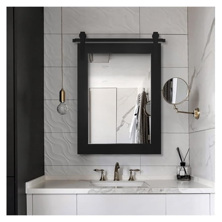 Farmhouse Wall Mirror, Rustic Wood Framed Wall Decor Mirror, Barn Door-Inspired Rustic Mirrors for Living Room, Bathroom Vanity 28Inx 22In (Black), 28Inx22In