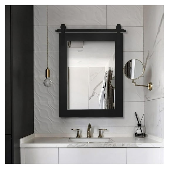 Farmhouse Wall Mirror, Rustic Wood Framed Wall Decor Mirror, Barn Door-Inspired Rustic Mirrors for Living Room, Bathroom Vanity 28Inx 22In (Black), 28Inx22In