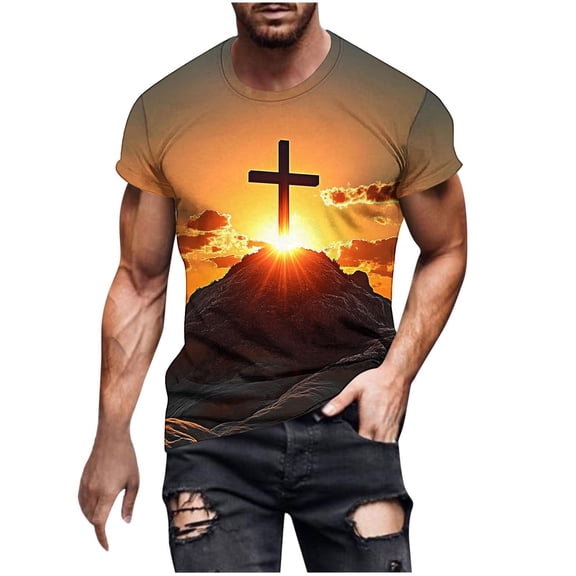Plus Size Mens T Shirts Cross Print Crewneck Short Sleeve Loose Fit Comfortable for Everyday Casual Style Men Tee Shirts Sale