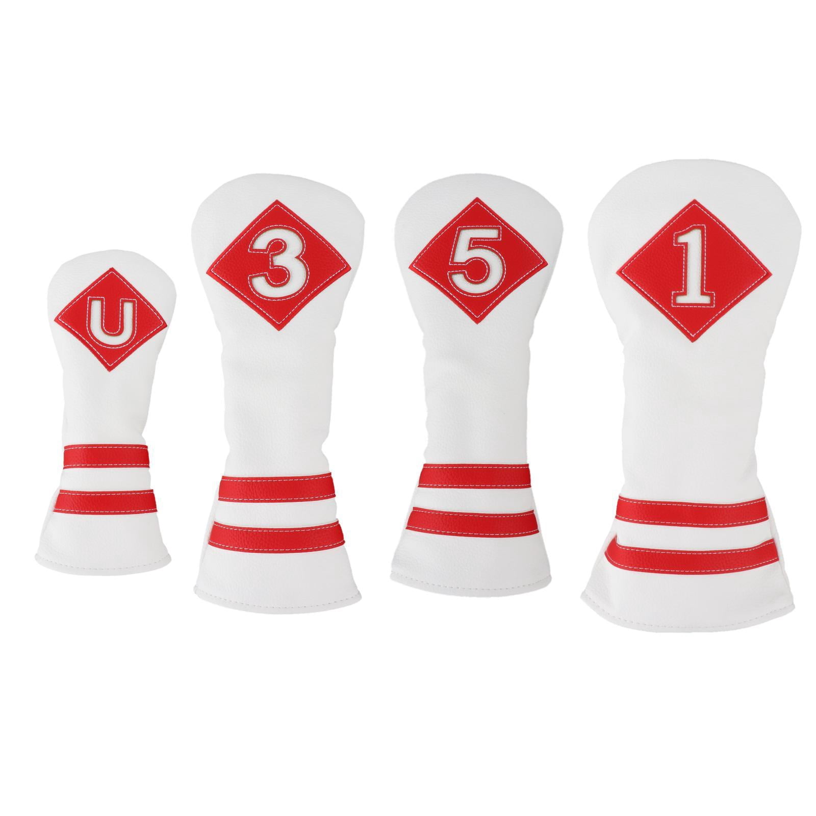 funtasica 4x Universal Golf wood top Cover Golf Club Headcover Driver Woods Protective UT Sleeves PU Leather Long Neck Embroidery for Hybrid , Number White Red Number