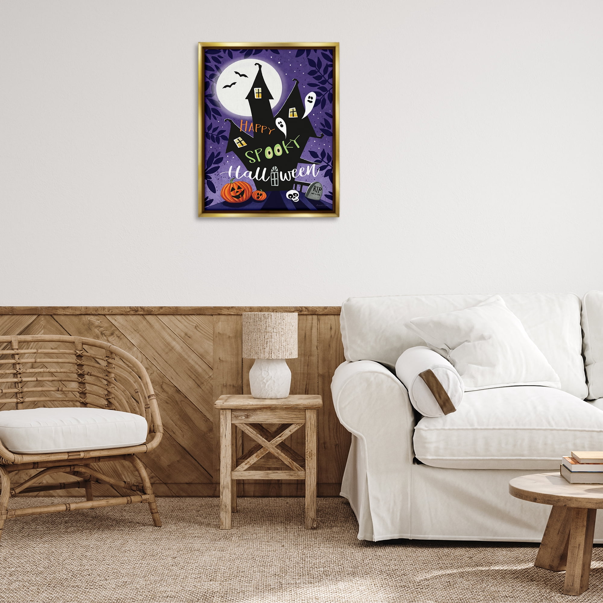 Stupell Industries Spooky Halloween House Holiday Painting Gold Floater Framed Canvas Art Print Wall Art, 25 x 31