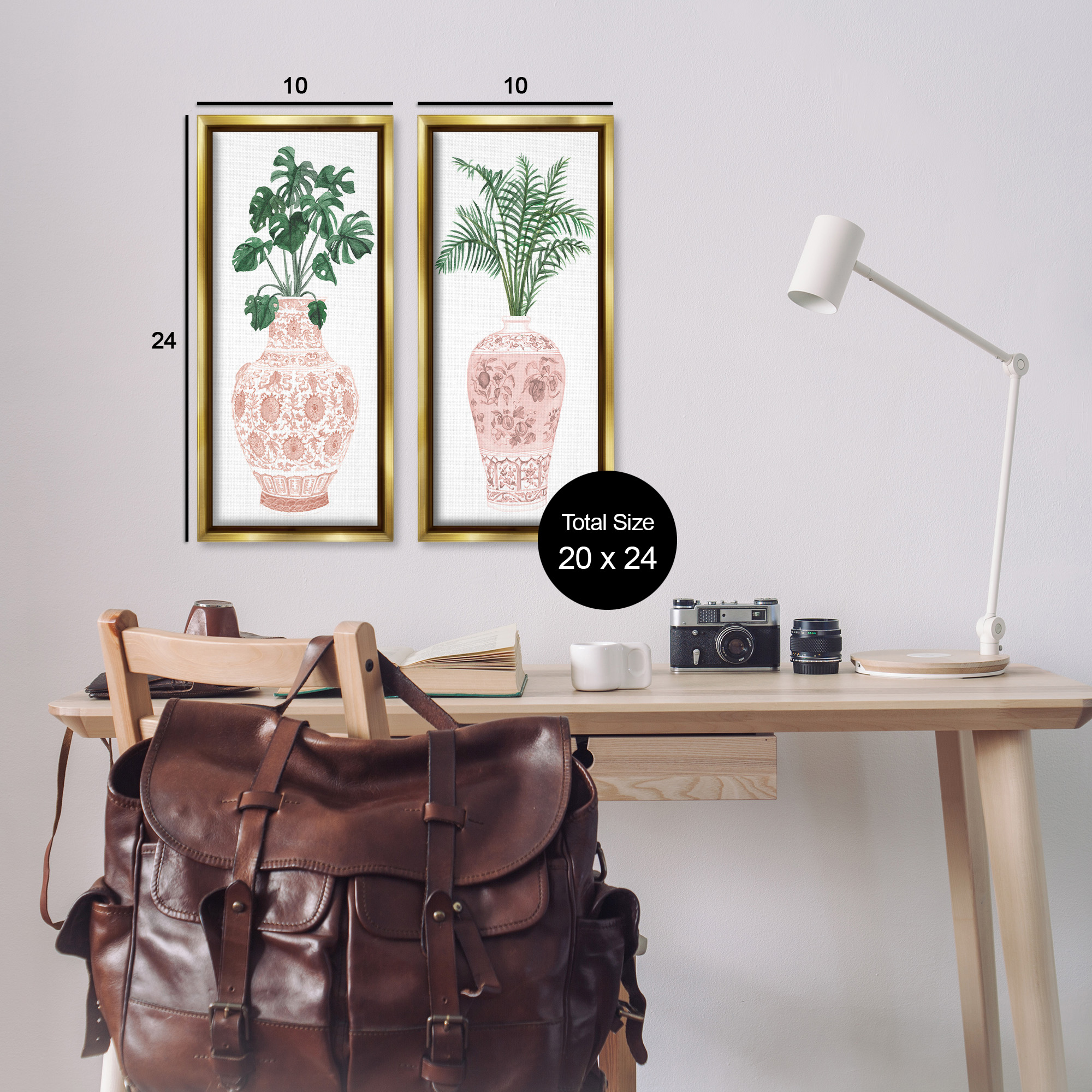 Stupell Industries Plants & Oriental Vases Botanical & Floral Painting Gold Floater Framed Canvas Art Print Wall Art, 11 x 25, Set of 2