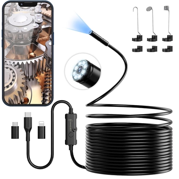 Endoscope Camera with Light, 1920P HD Borescope with 8 Adjustable LED Lights, 16.4ft Semi-Rigid Snake Camera, IP67 Waterproof 7.9mm Inspection Camera for iOS & Android