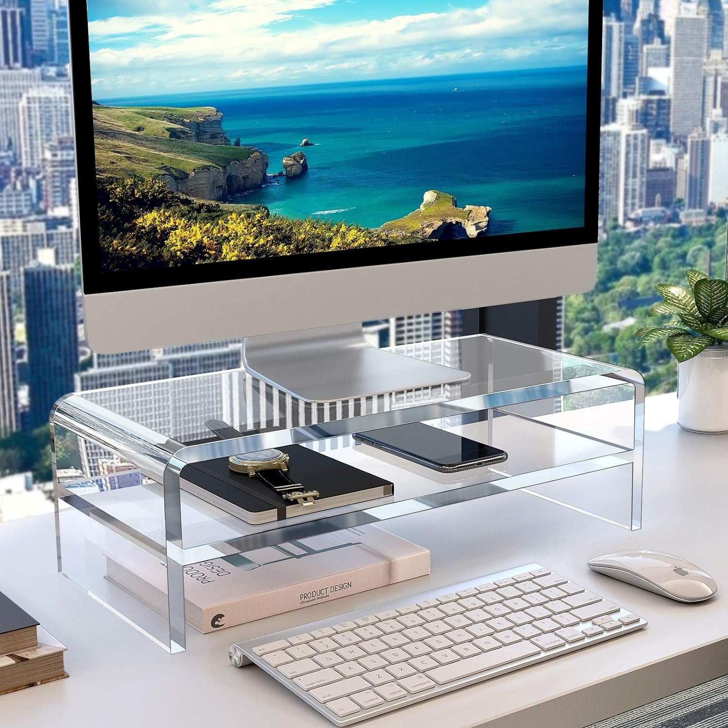 Acrylic Monitor Stand 2 Tiers Computer Riser 18x8x5.5 Inch Desktop Organizer for Office Home School Keyboard Storage