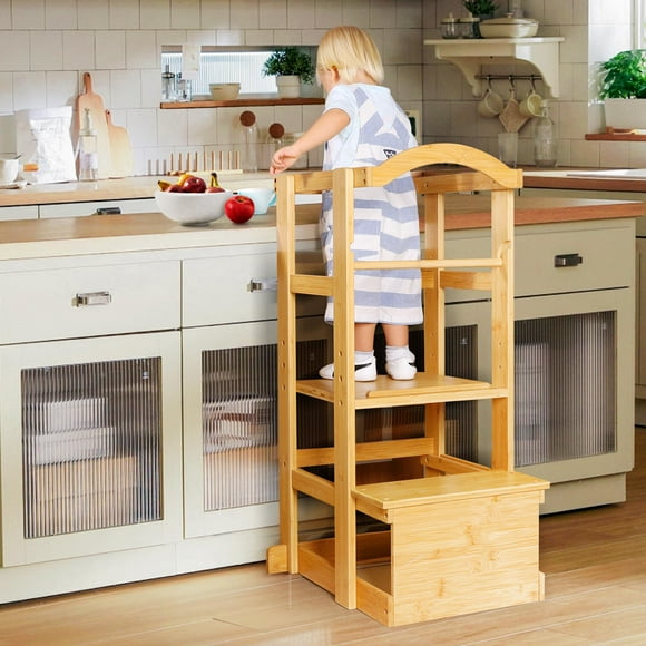 IPOW Learning Stool Toddler Tower, Adjustable Height Kids Step Stool - Bamboo Kitchen Bathroom Counter Helper Montessori Stool Learning Furniture Standing Baking Tower with Safety Rail