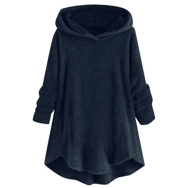 Womens Cardigan Plus Size Button Plush Tops Hooded Loose Cardigan Wool Coat Winter Jacket Navy Xl