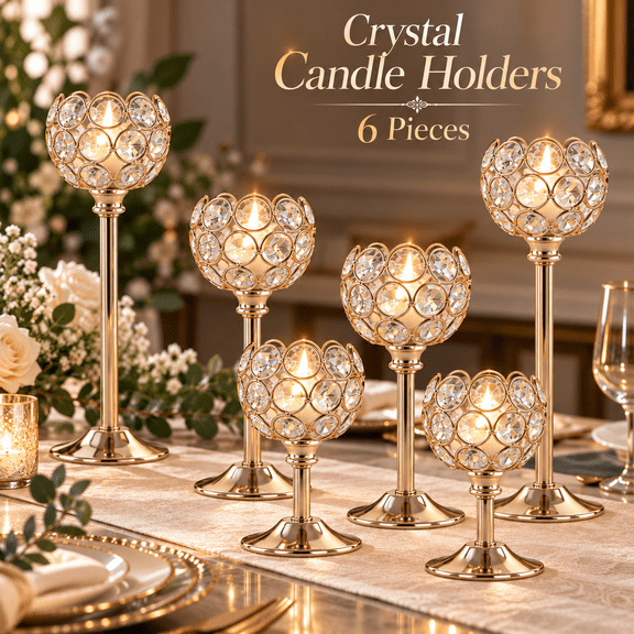 OZERA 2 Set of 6 Crystal Candle Holders, Gold Vintage Hollow Ball Metal Tealight Candlesticks, Table Centerpiece Decor for Wedding & Dining Room