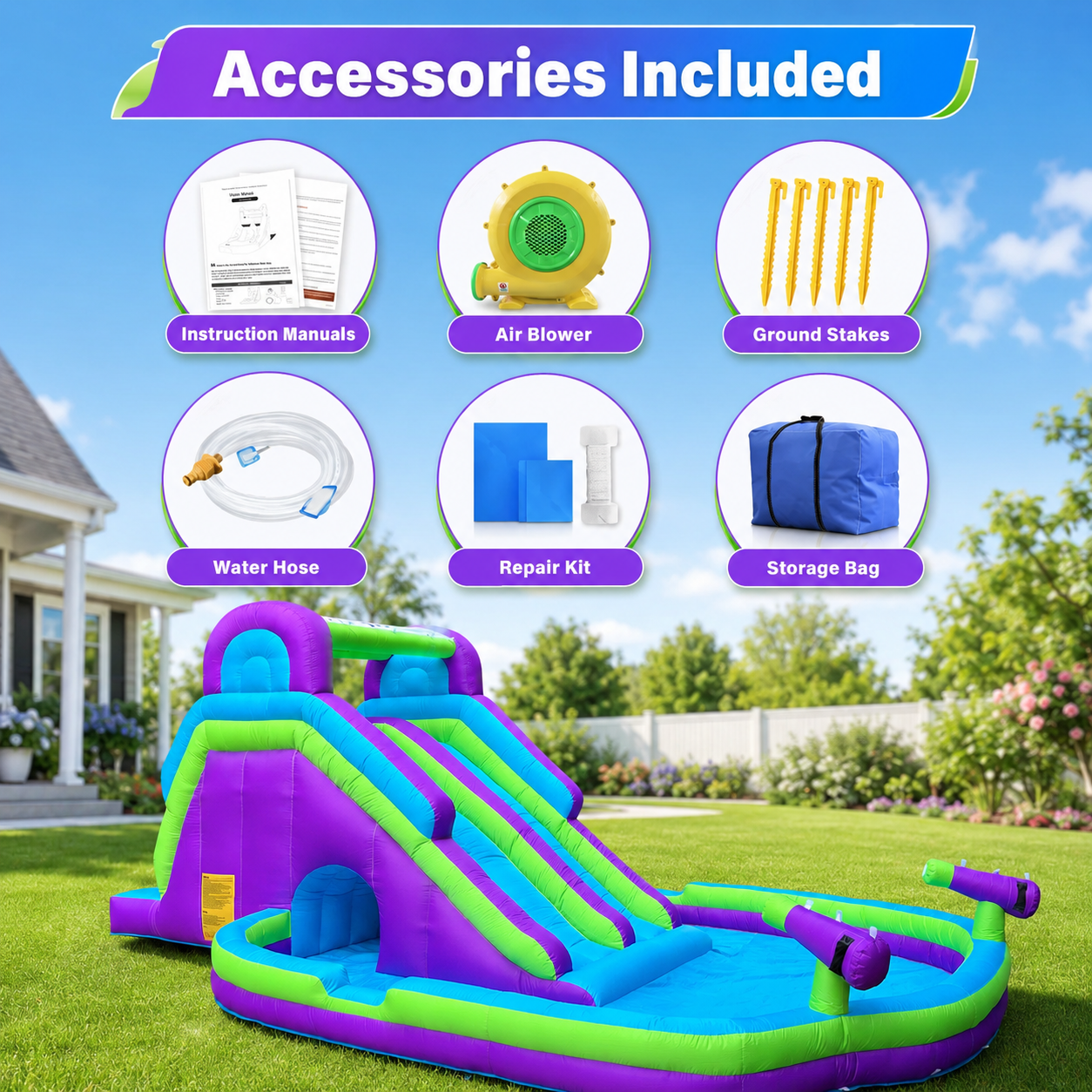 Inflatable Double Water Slide with Climbing Wall, Splash Pool & Blower Included, Oxford Backyard Water Park for Kids, Purple & Green