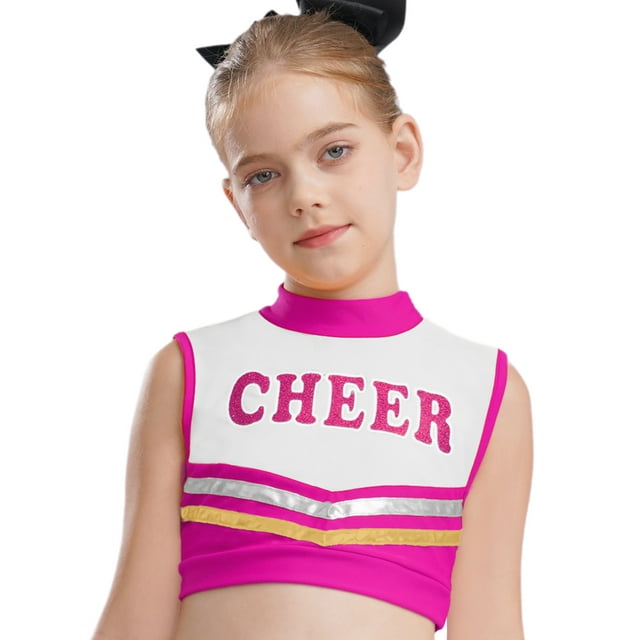 vastwit Kids Girls Mock Neck Tank Vest Shirts Sleeveless Color Block Letters Printed Cheerleading Uniform Crop Tops Hot Pink 14