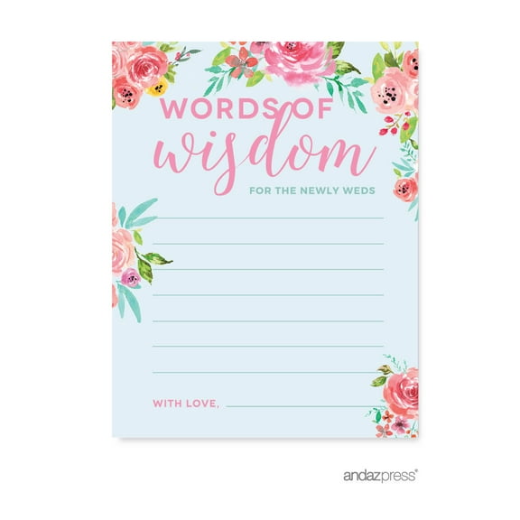 Wedding Pink Roses English Tea Party, 20-Pack Blank Words of Wisdom Newlywed Advice Cards