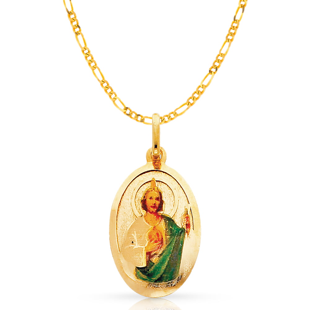 14K Yellow Gold St Jude Enamel Picture Religious Charm Pendant For Necklace or Chain
