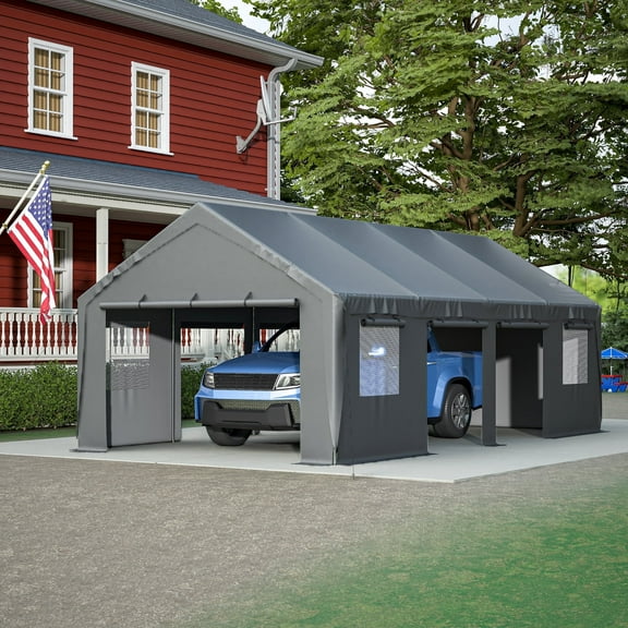 LZBEITEM Carport, 13' x 25' Heavy Duty Carport with Roll-up Sidewall & Ventilated Windows, Galvanised Frame Portable Outdoor Garage, Car Canopy with All-Season Tarp, Height 10.2', Length 25.1' - Gray