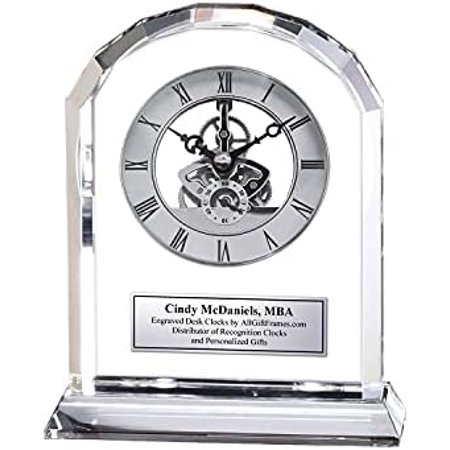 AllGiftFrames Diamond Cut Arch Clear Crystal Engraved Clock Desk Year of Service Award Executive Employee Retirement Etched Silver Engraving Anniversary Wedding Gift Birthday Glass