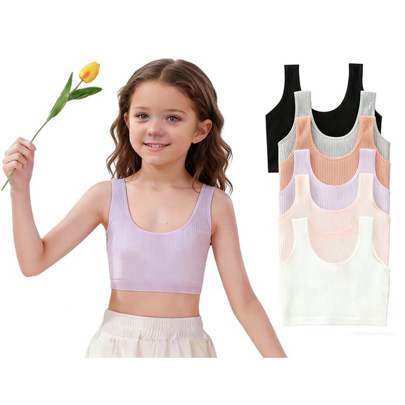 Girls Seamless Cotton Stretch Sports Bras, Striped Cami Bralettes Training Bras, Breathable Soft Youth Vest Bra for Ages 8-14