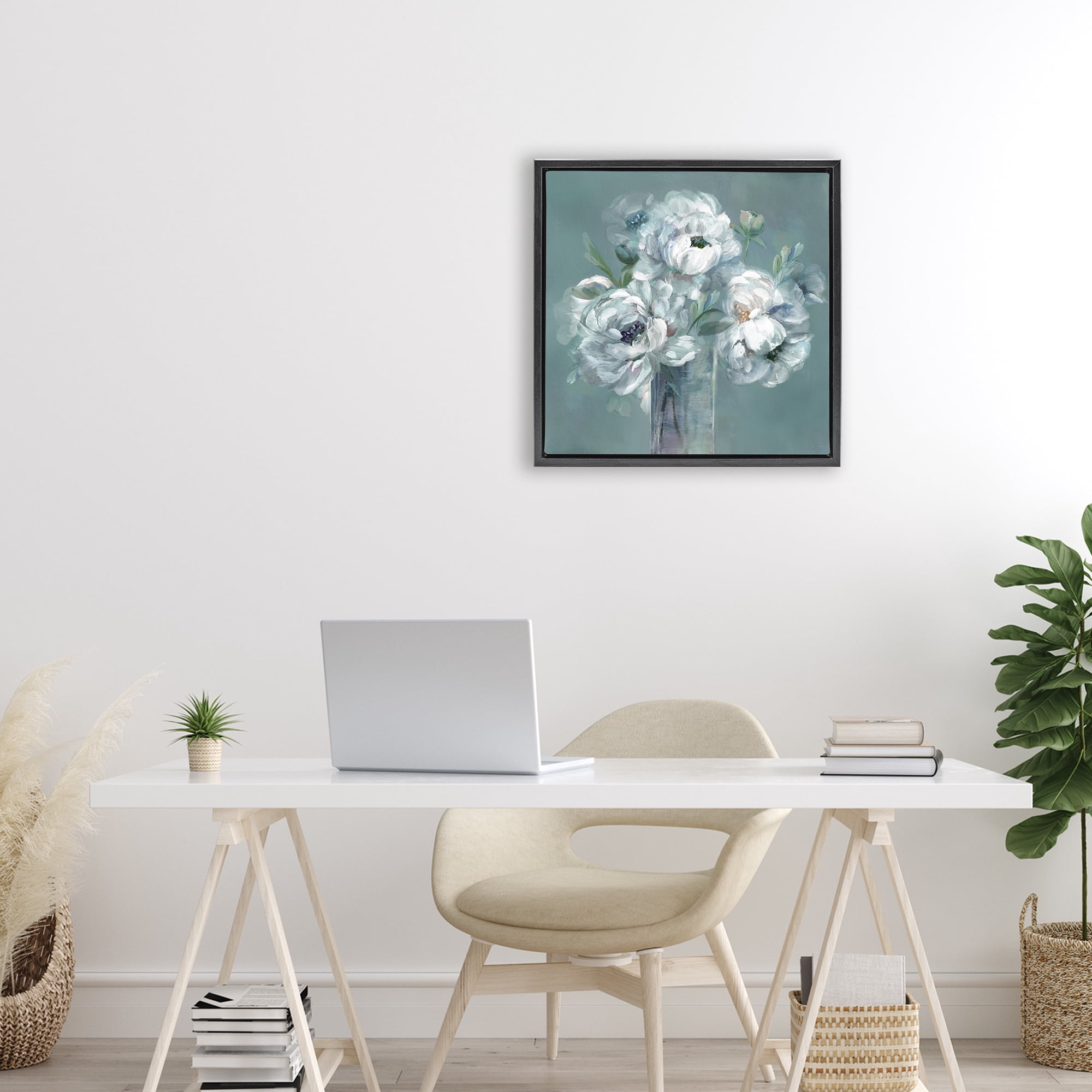 Stupell Industries White Peony Impression in Vase Black Framed Floater Canvas Wall Art, design by Nan