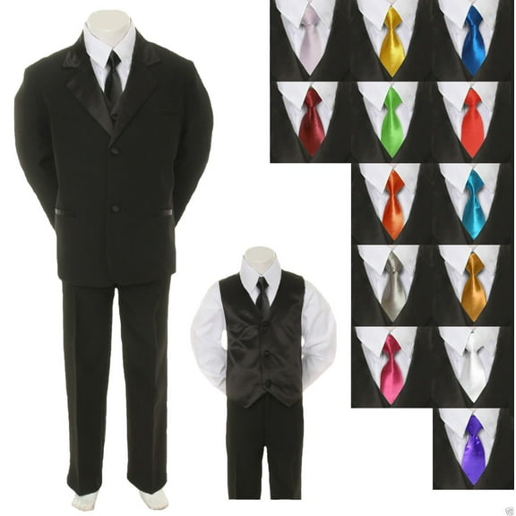 6pc Set Extra Satin Color Tie Baby Toddler Kid Boy Black Formal Suit Tuxedo S-14