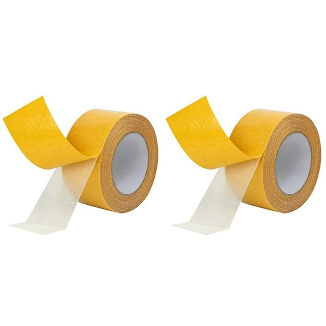 Double Sided Carpet Tape Heavy Duty, High Stickiness Rug Tape With Easy Tear, 66ft Tape. The image shows two rolls of yellow double-sided tape with a visible cloth fiber texture and a clear adhesive layer. Each roll is designed for heavy-duty use, featuring a robust mesh cloth base and high-performance adhesive. Suitable for carpets, rugs, photo frames, and more, it adheres to surfaces like hardwood, tiles, and plastic. The tape is hand-tearable and leaves no residue upon removal.