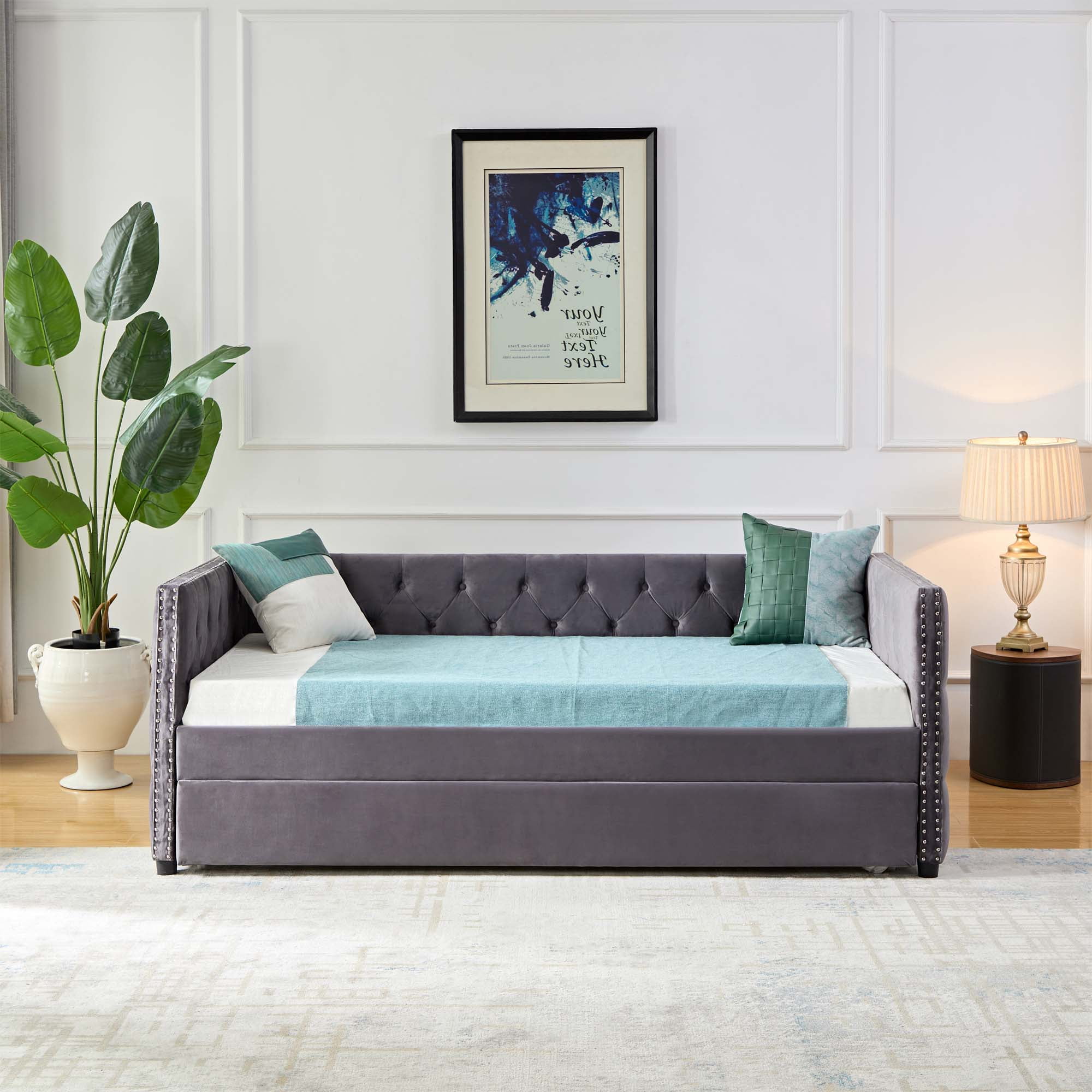 Aukfa Upholstered Daybed with Trundle, Twin Trundle Bed, Button Tufted - Gray
