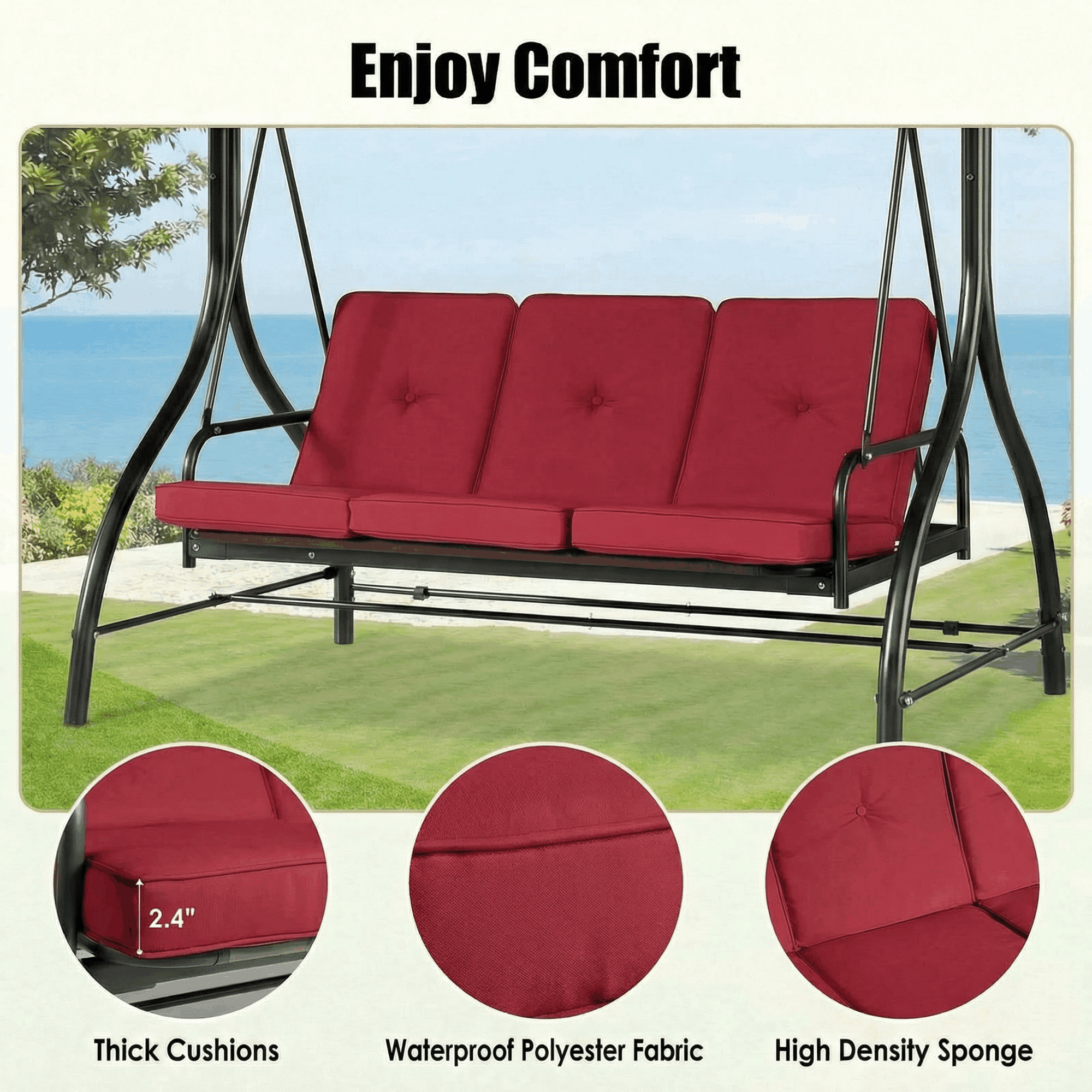 Pirecart 3 Person Patio Porch Swing Outdoor Converting Swing Glider Hammock with Adjustable Canopy, Cushions, Red