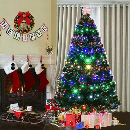 7 Ft Fiber Optic Tree Goplus 7' Pre-Lit Fiber Optic Artificial Christmas Tree w/Multicolor LED Lights & Stand ()