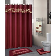 Luxury Home Collection 18 Pc Bath Rug Set Embroidery Non-Slip Bathroom Rug Mats And Rug Contour And Shower Curtain And Towels And Rings Hooks And Towels New (Burgundy) Burgundy