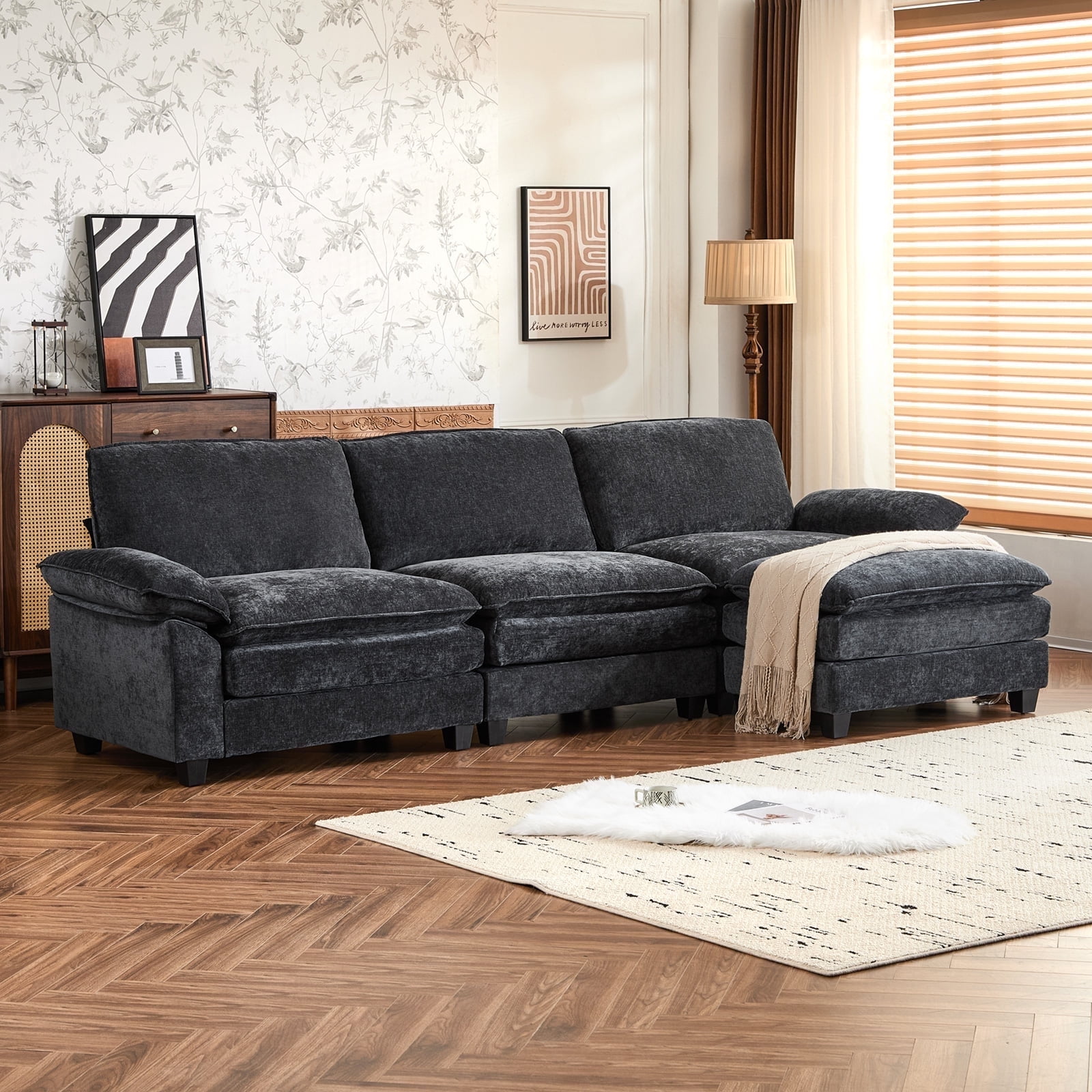 Capri 122" Oversized Sectional Couch, L Shaped Cloud Couch, Convertible Sofa Set for Living Room, Chenille, Black
