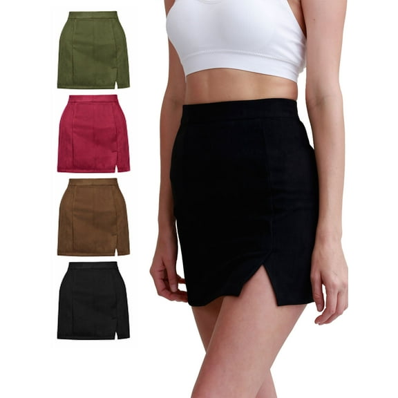 Luxtrada Women's Faux Suede High Waist A-line Split Mini Skirt (Black,S)