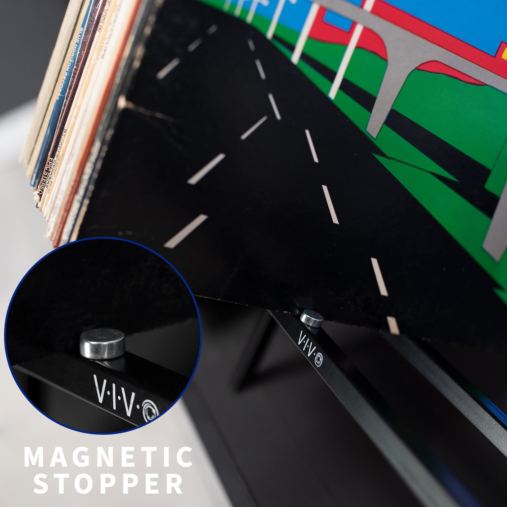 VIVO Black Steel Vinyl Record Holder, Album Organizer with 2 Cylindrical Magnets