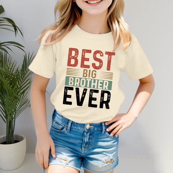 Girls T Shirts Letter Print Short Sleeve Breathable Crew Neck Tee for Sporty Wear Girls Tops Beige 3 Years-4 Years